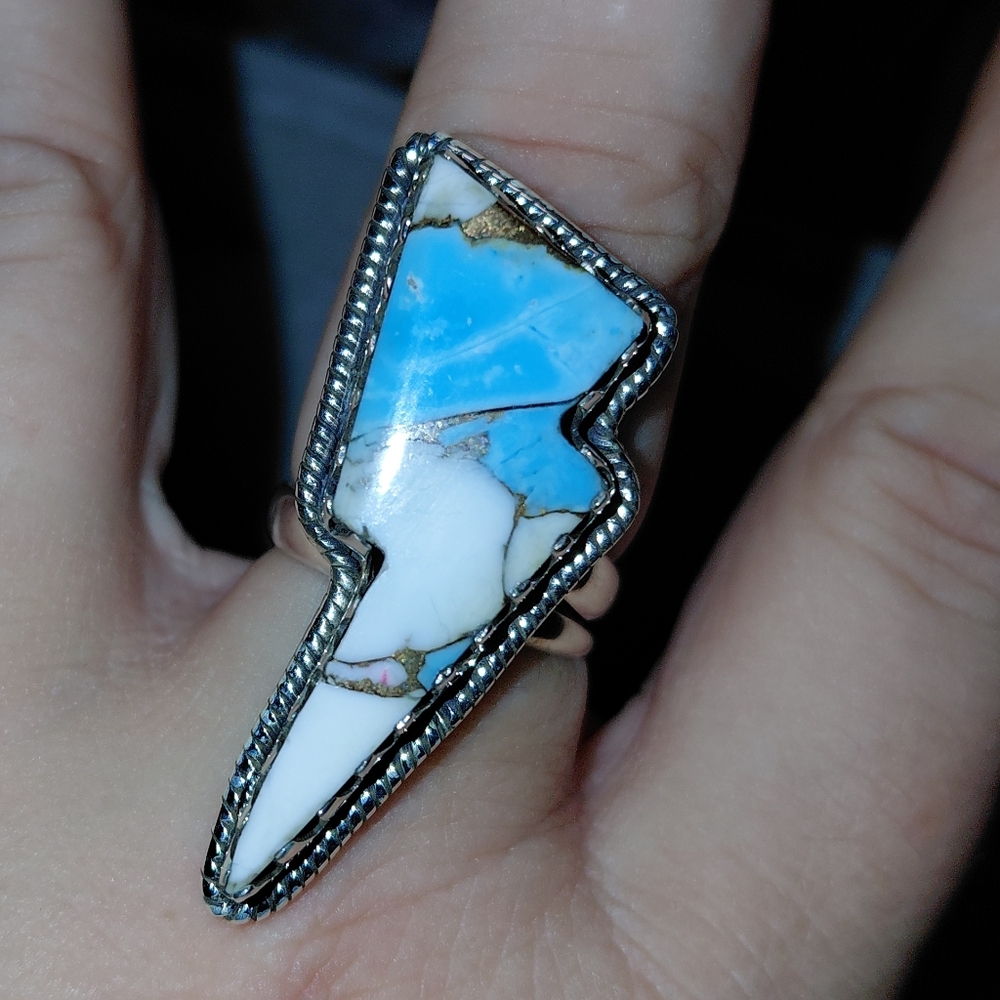 Cotton Candy Turquoise Lightning Bolt Sterling Silver Adjustable Ring - Picture 5 of 9